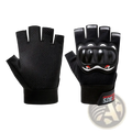 Back side of men half finger motorcycle tactical gloves in black with glossy black and white face design and red accents
