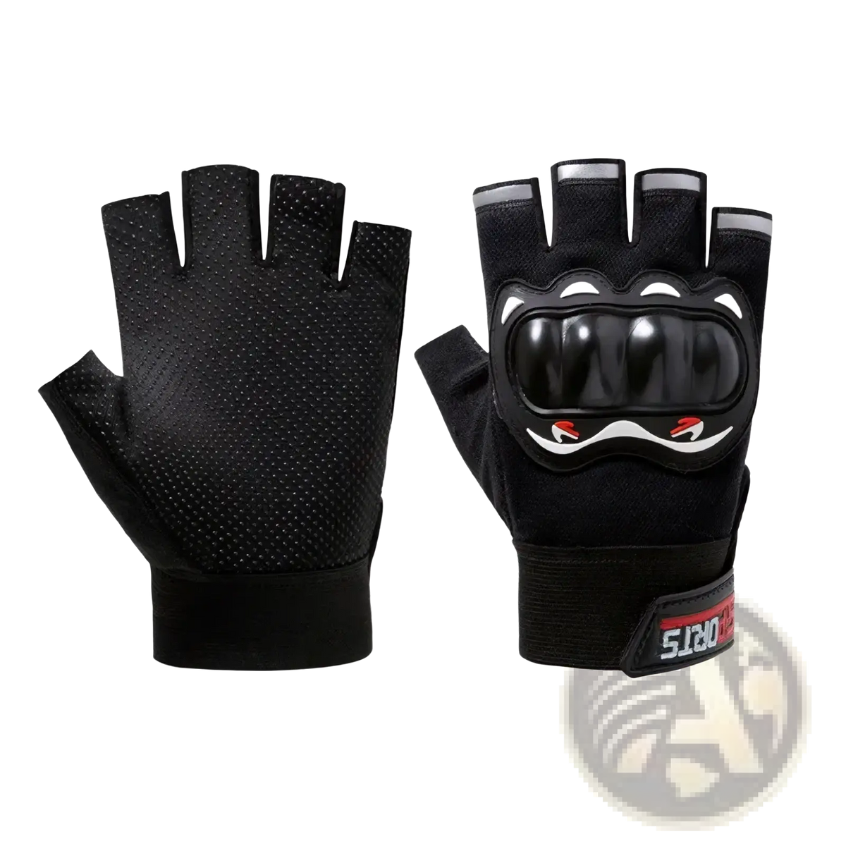 Back side of men half finger motorcycle tactical gloves in black with glossy black and white face design and red accents