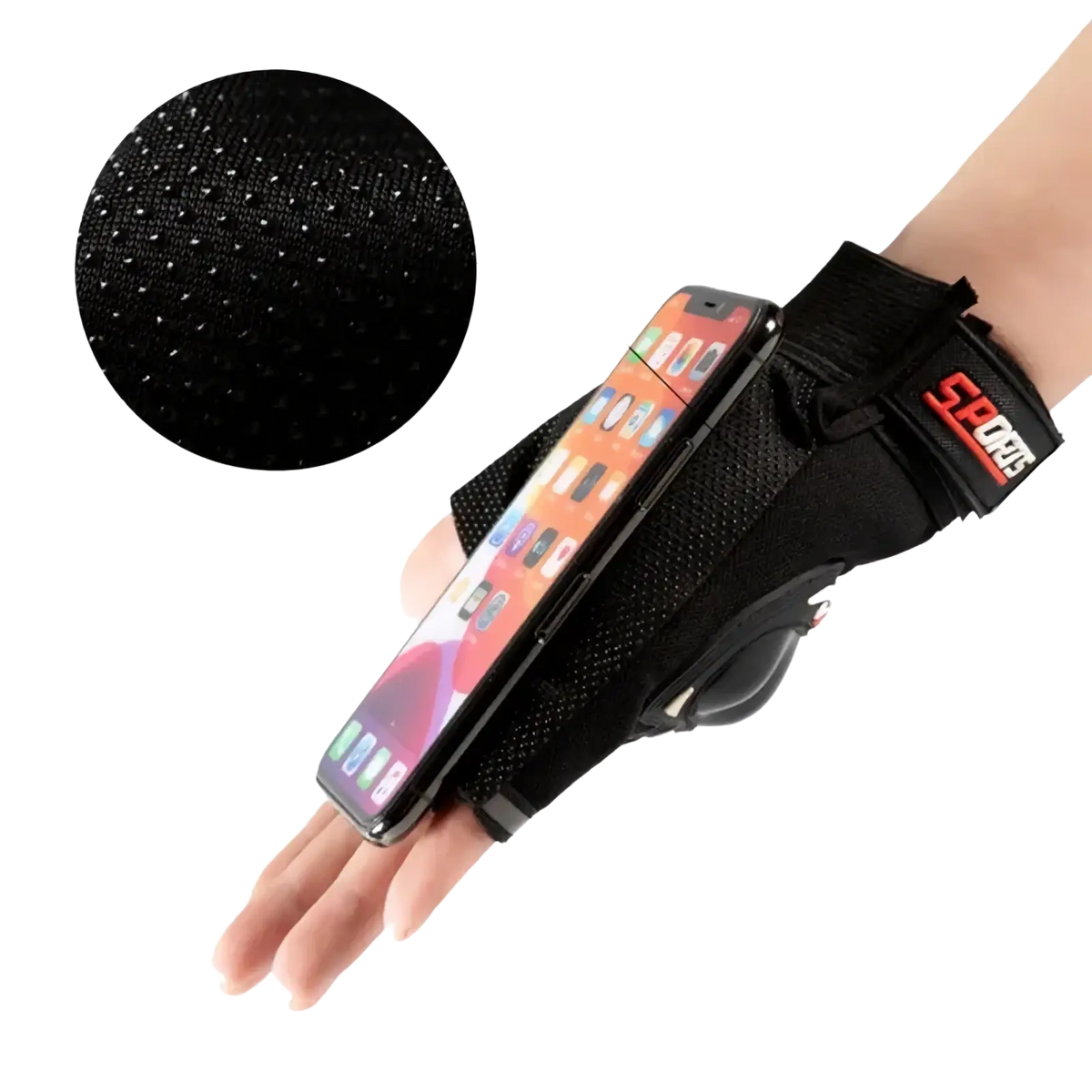 Men half finger motorcycle tactical glove in black mesh with built-in phone holder, textured grip, and adjustable strap