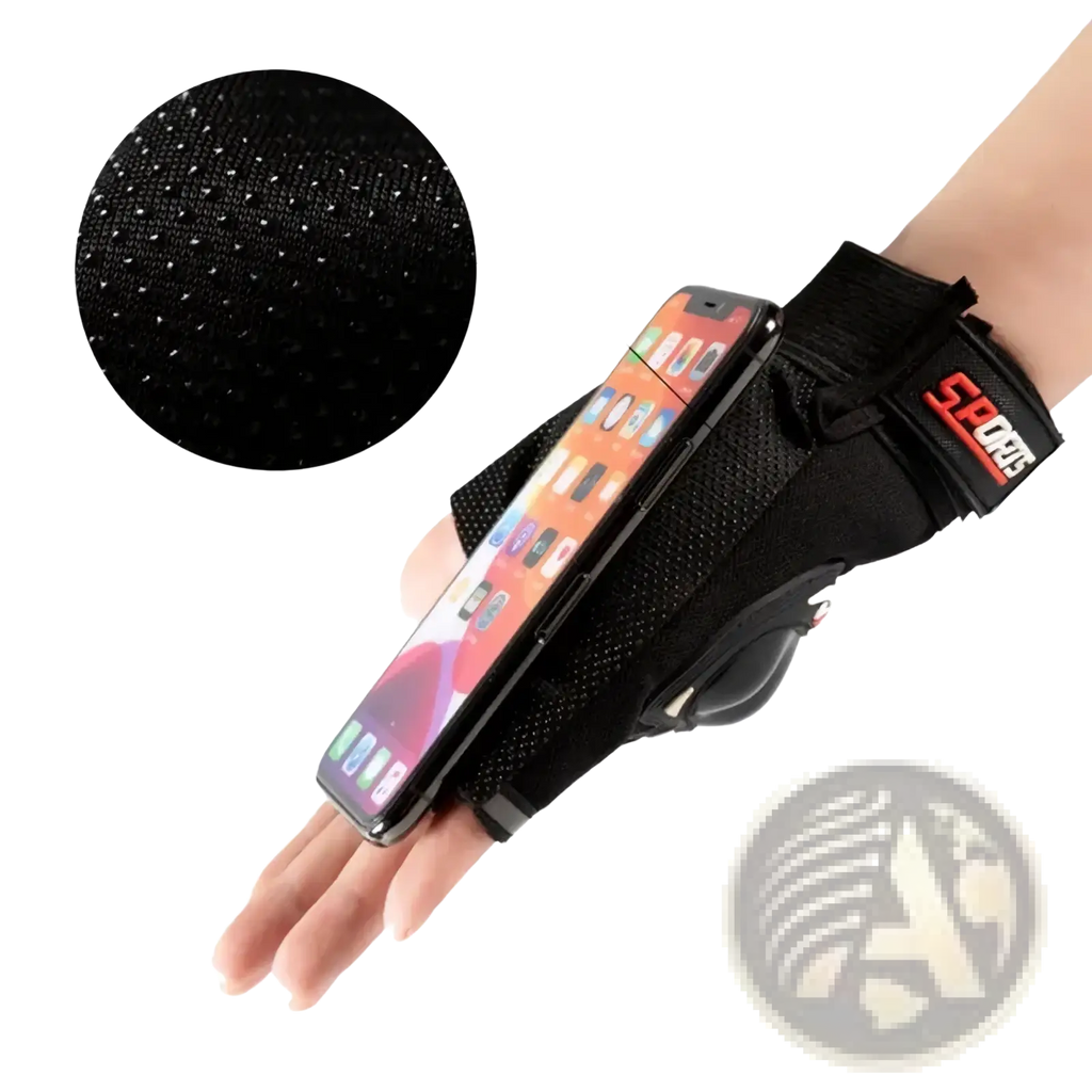Men half finger motorcycle tactical glove in black mesh with built-in phone holder, textured grip, and adjustable strap