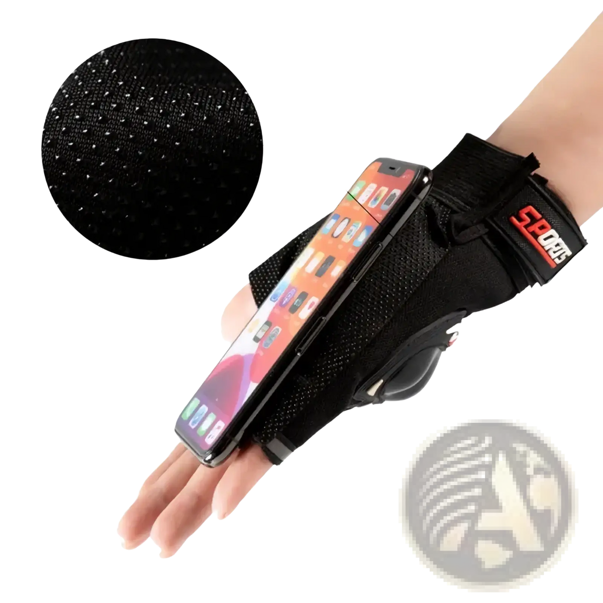 Men half finger motorcycle tactical glove in black mesh with built-in phone holder, textured grip, and adjustable strap