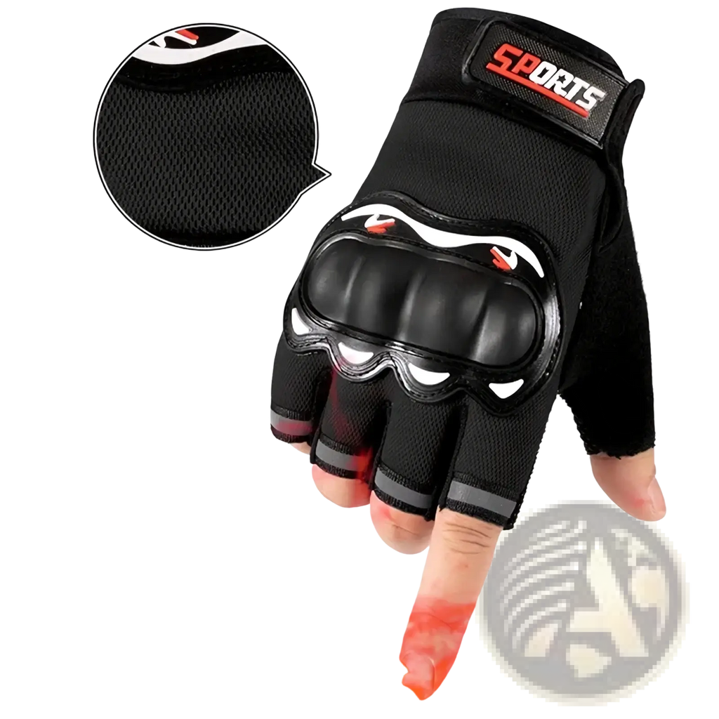 Men half finger motorcycle tactical gloves in black with reinforced palm padding and red accent stitching shown from back side