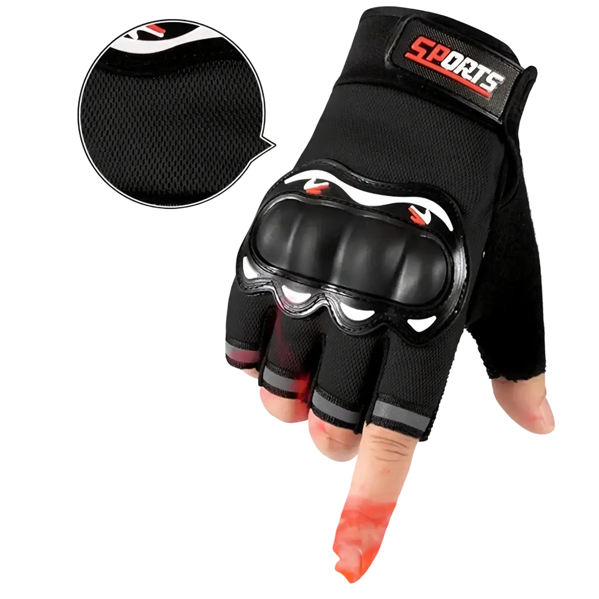 Men half finger motorcycle tactical glove in black with reinforced knuckle padding and red accent stitching on backside