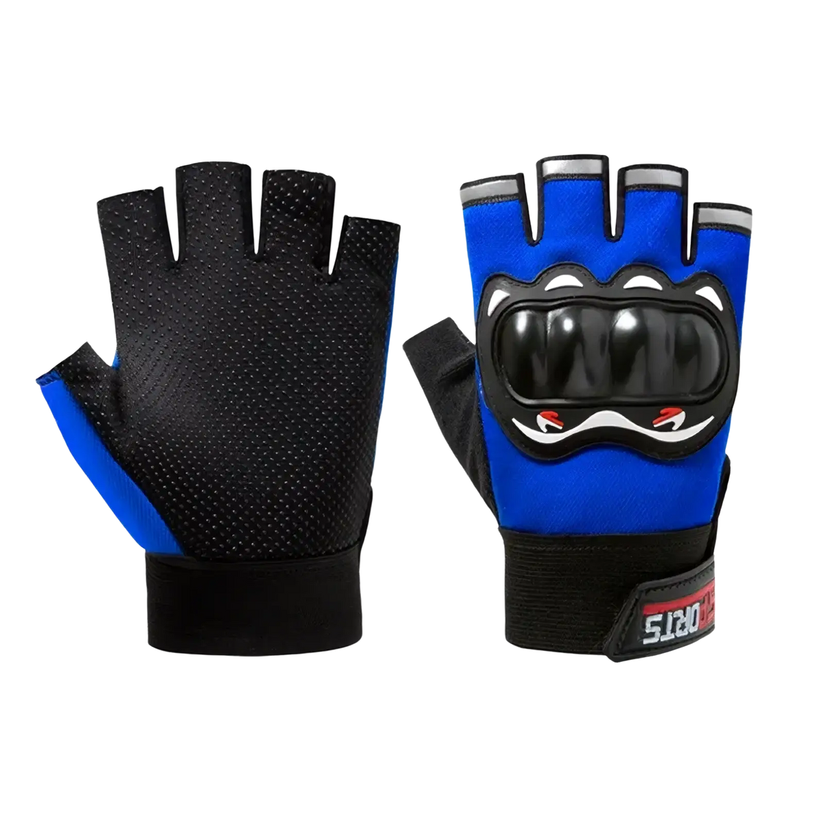 Men half finger motorcycle tactical gloves back side in blue and black with cartoon face design and fingerless style