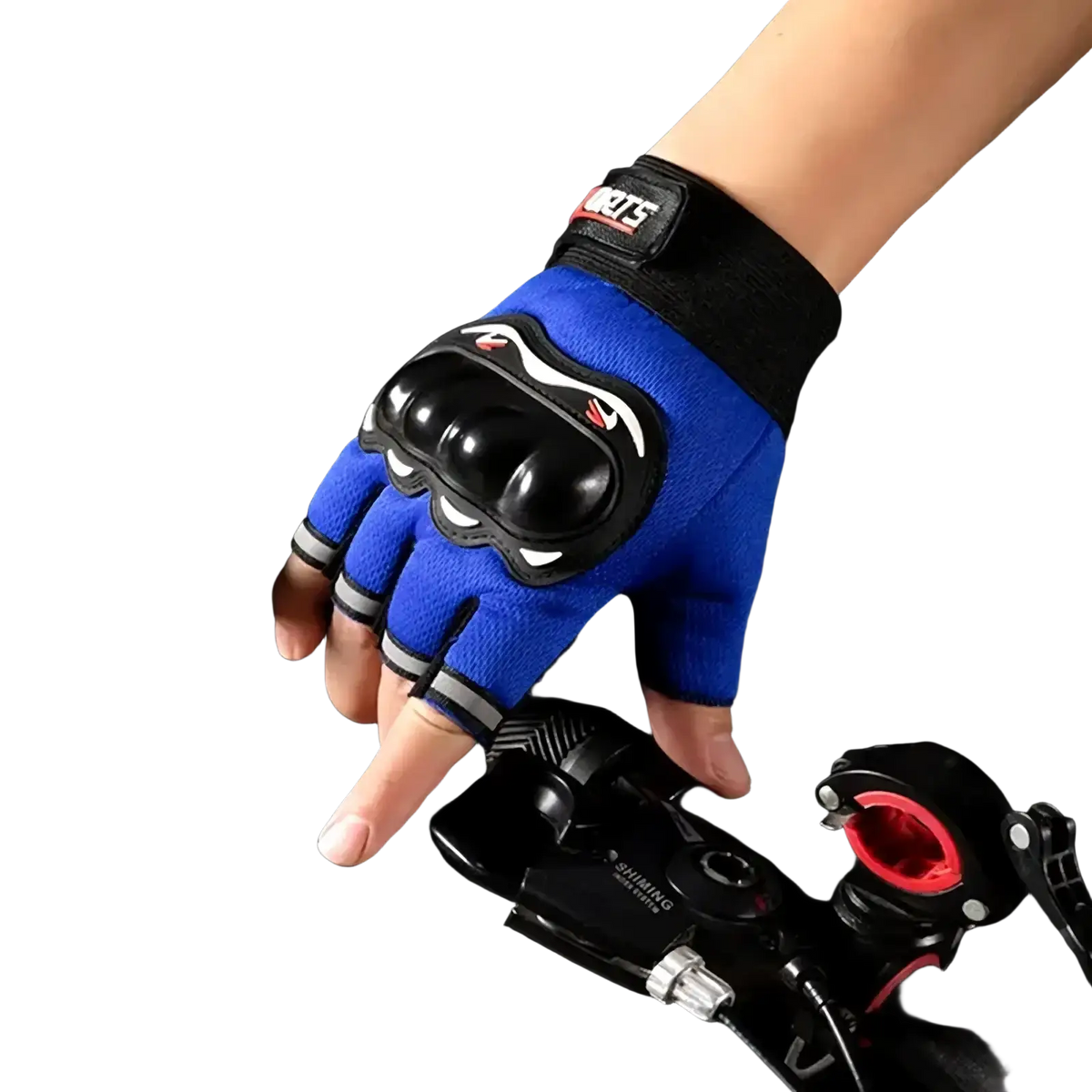 Blue men half finger motorcycle tactical glove with black protective padding and gray trim shown from back side