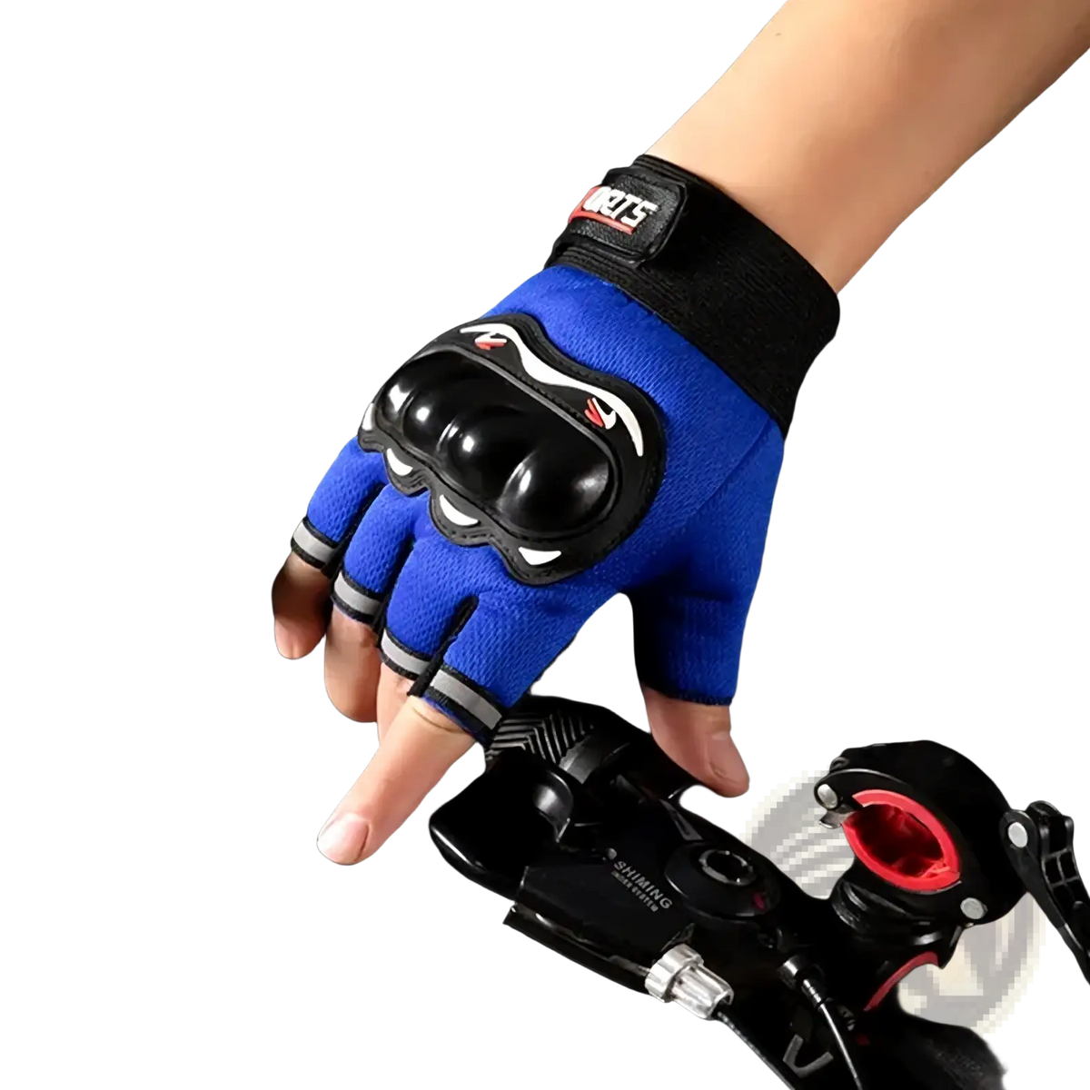 Men half finger motorcycle tactical glove in blue with black protective padding and gray trim shown from the back side