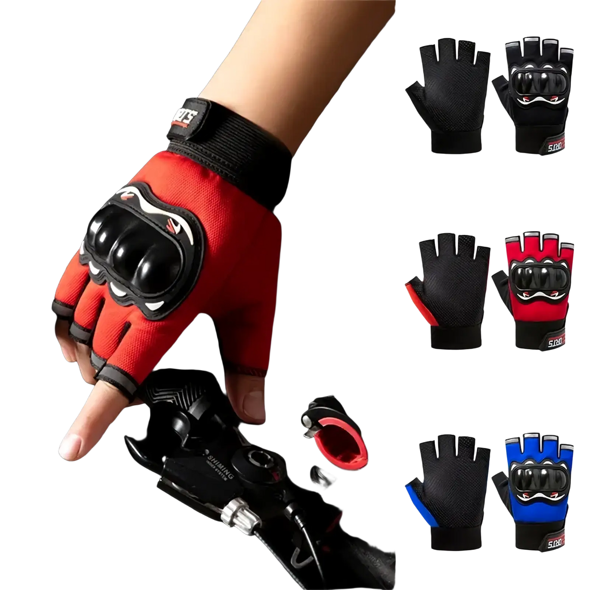 Men half finger motorcycle tactical gloves in red and black with reinforced knuckle protection shown from back side