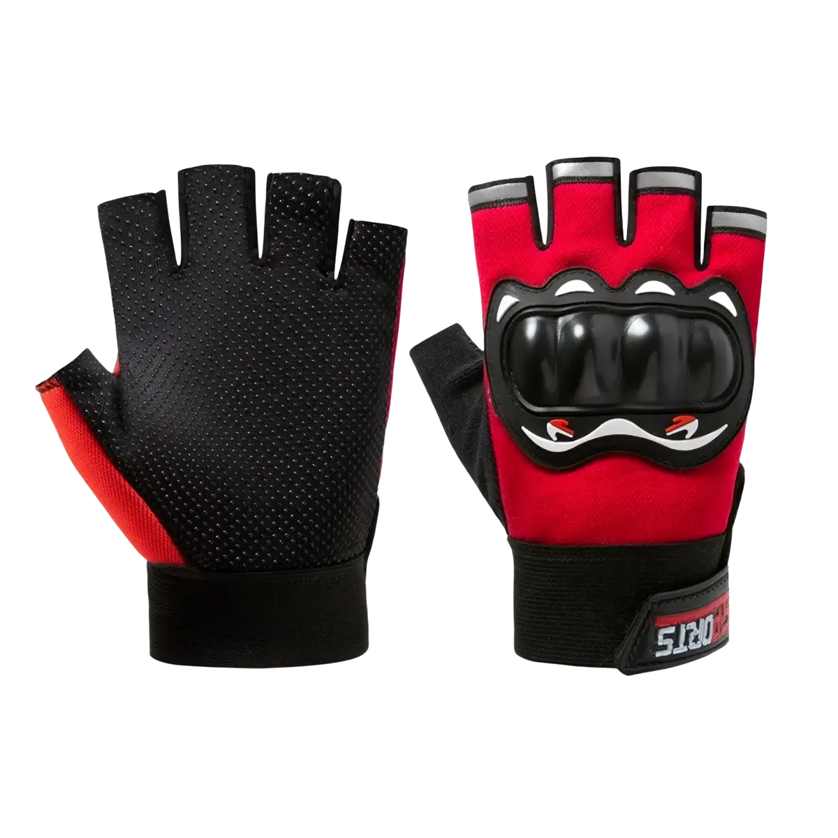 Men half finger motorcycle tactical gloves in red and black with cartoon face design on the back side