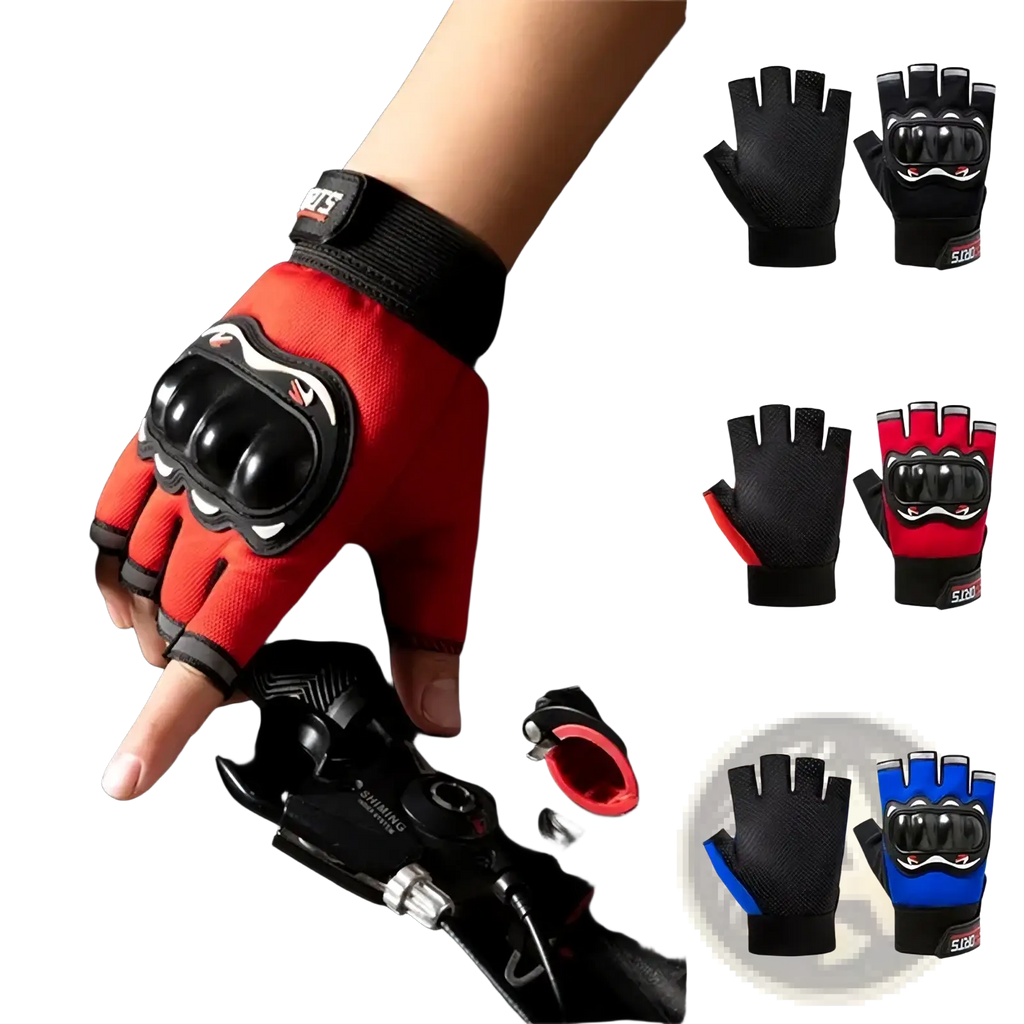 Men half finger motorcycle tactical gloves in red and black with reinforced knuckle protection shown from back side