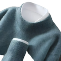 Men half neck pullover sweater in soft teal cashmere with ribbed crew neck and cuffs layered over white shirt