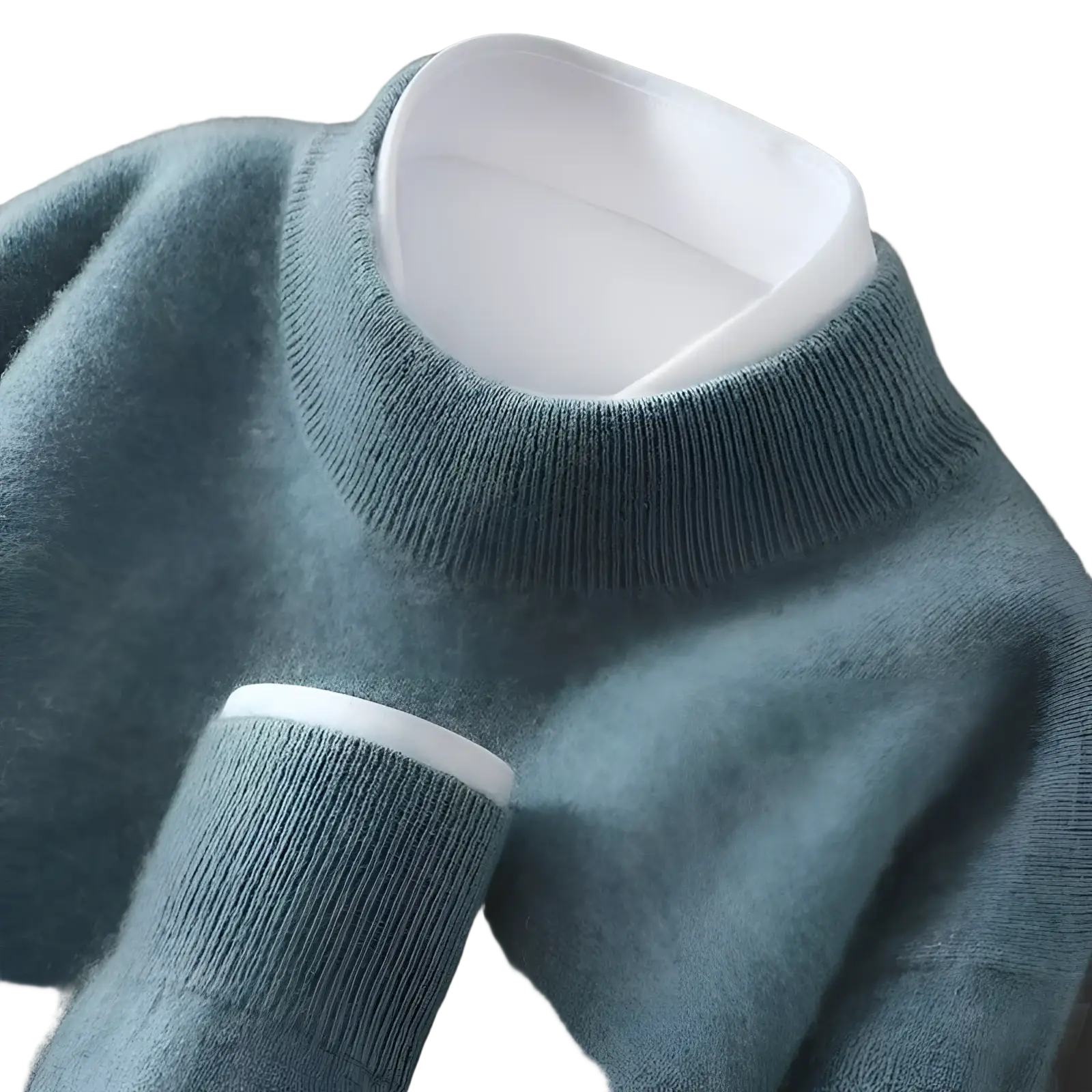 Men half neck pullover sweater in soft teal cashmere with ribbed crew neck and cuffs layered over white shirt