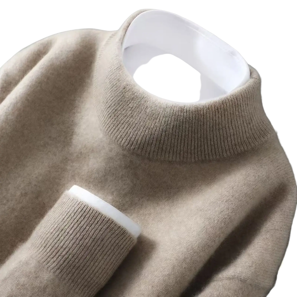 Beige men half neck pullover sweater with ribbed cuffs and collar featuring soft knit texture