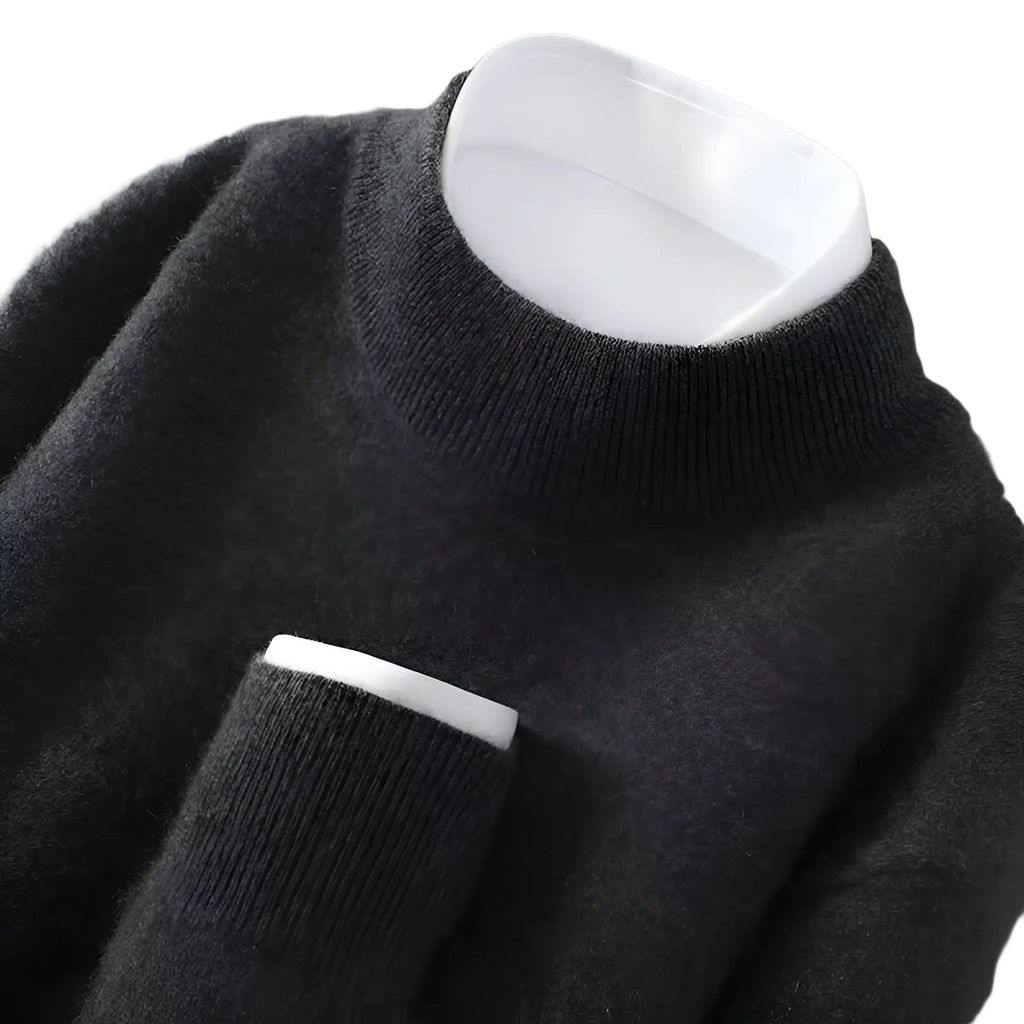 Men half neck pullover sweater in dark gray soft knit with ribbed crew neckline and contrasting white inner collar