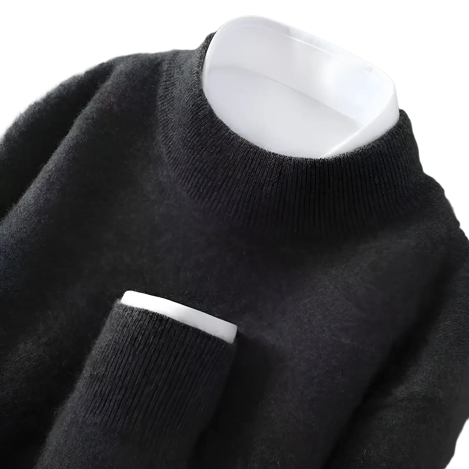 Men half neck pullover sweater in dark gray soft knit with ribbed crew neckline and contrasting white inner collar