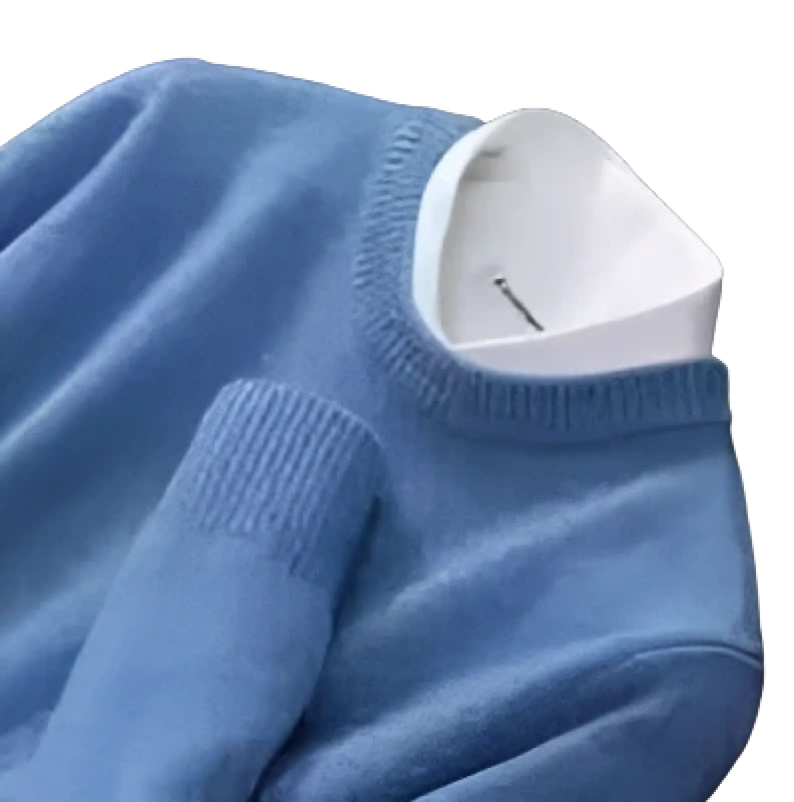 Light blue knit men half neck pullover sweater with ribbed crew neck and cuffs made from soft material