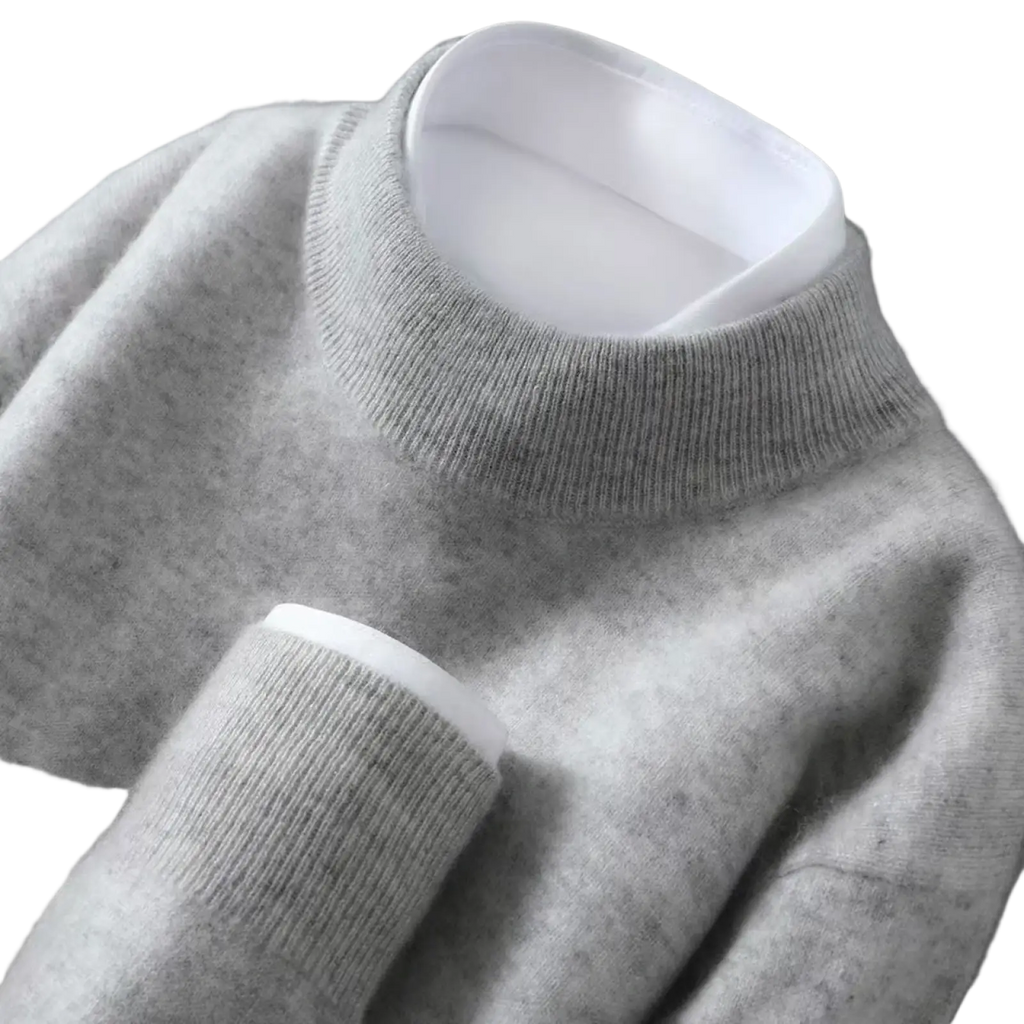 Men half neck pullover sweater in soft light gray cashmere with ribbed turtleneck and cuffs