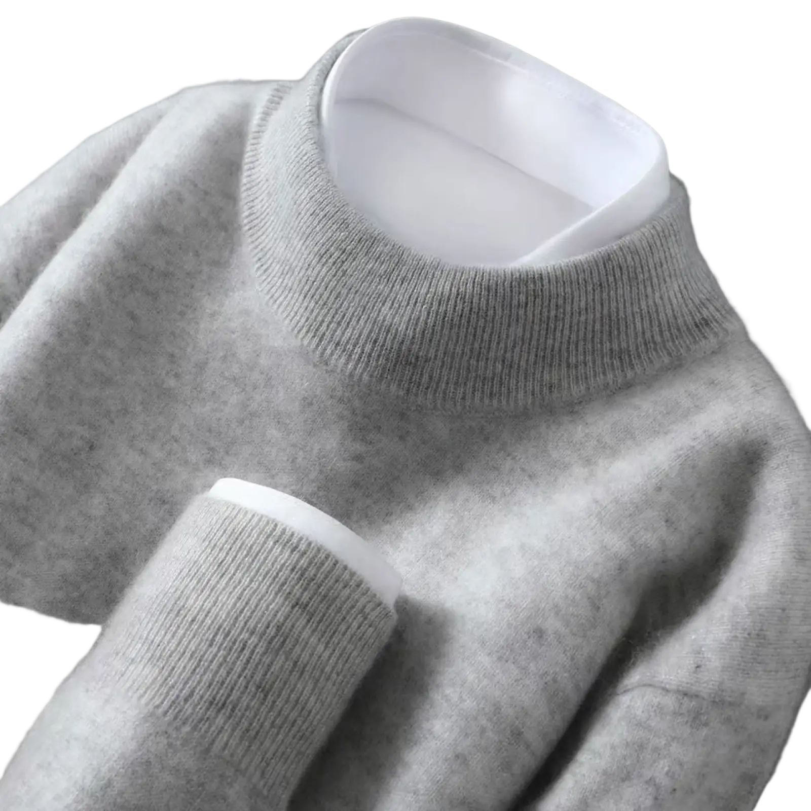 Men half neck pullover sweater in soft light gray cashmere with ribbed turtleneck and cuffs