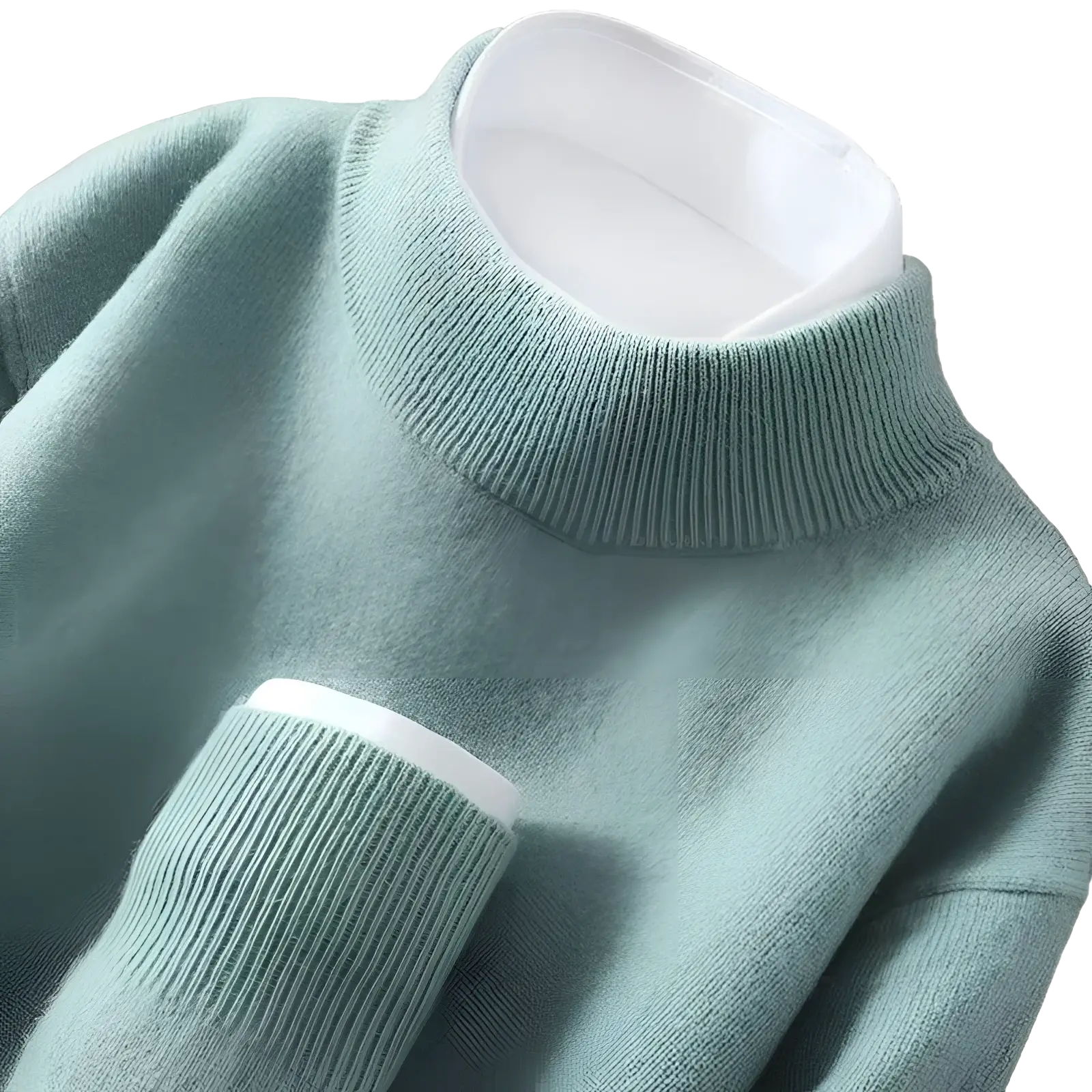 Men half neck pullover sweater in soft mint green knit with ribbed cuffs and contrasting white inner collar