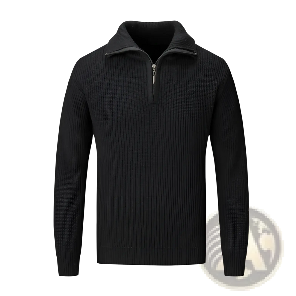 Men half turtleneck ribbed sweater in black knit with a silver half-zip collar for stylish warmth