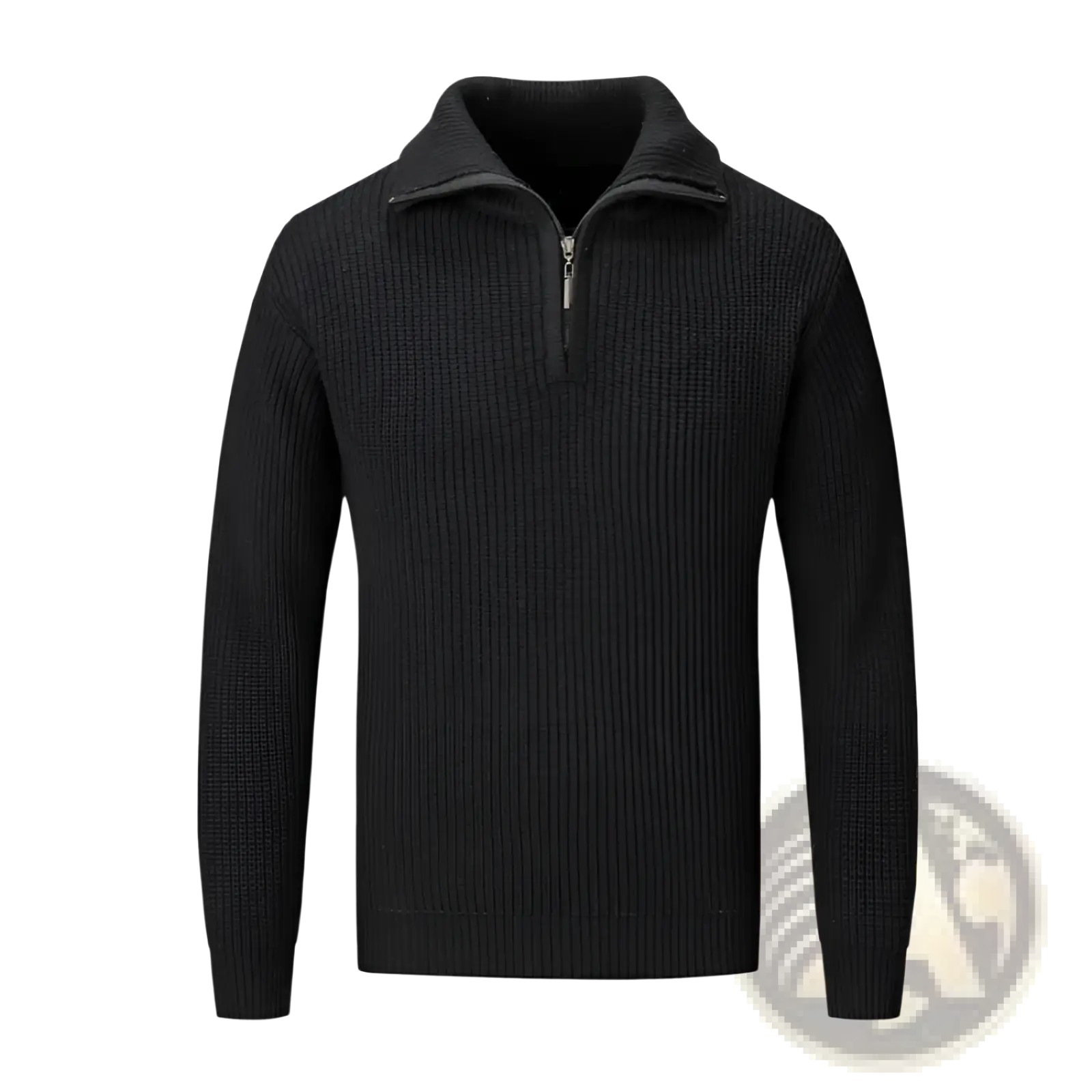 Men half turtleneck ribbed sweater in black knit with a silver half-zip collar for stylish warmth