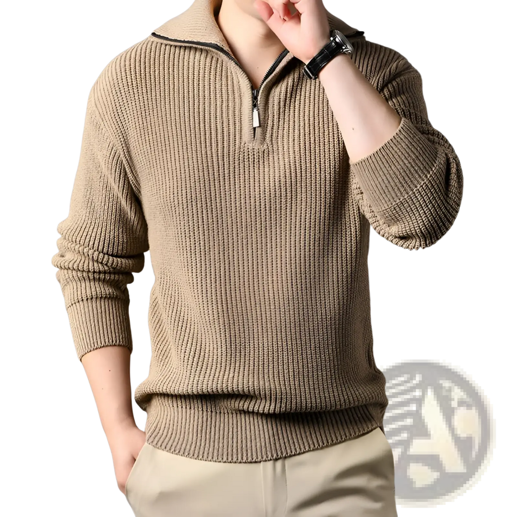 Men half turtleneck beige ribbed knit sweater with black zipper trim and half-zip closure