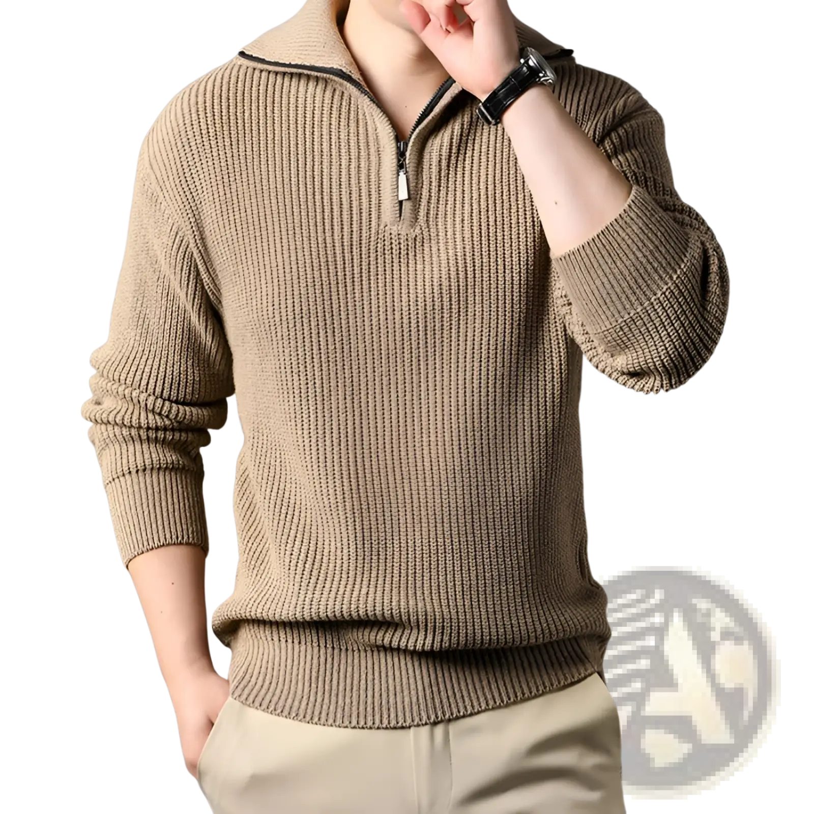 Men half turtleneck beige ribbed knit sweater with black zipper trim and half-zip closure