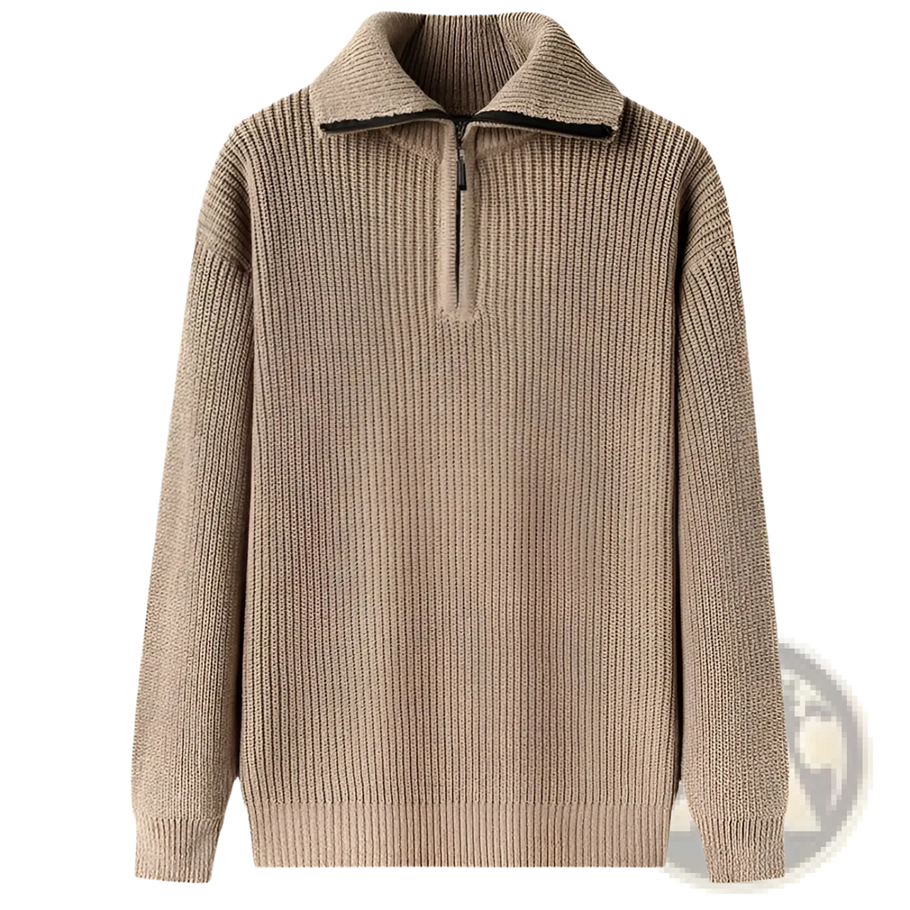 Men half turtleneck ribbed sweater in beige knit with half-zip collar and black zipper trim