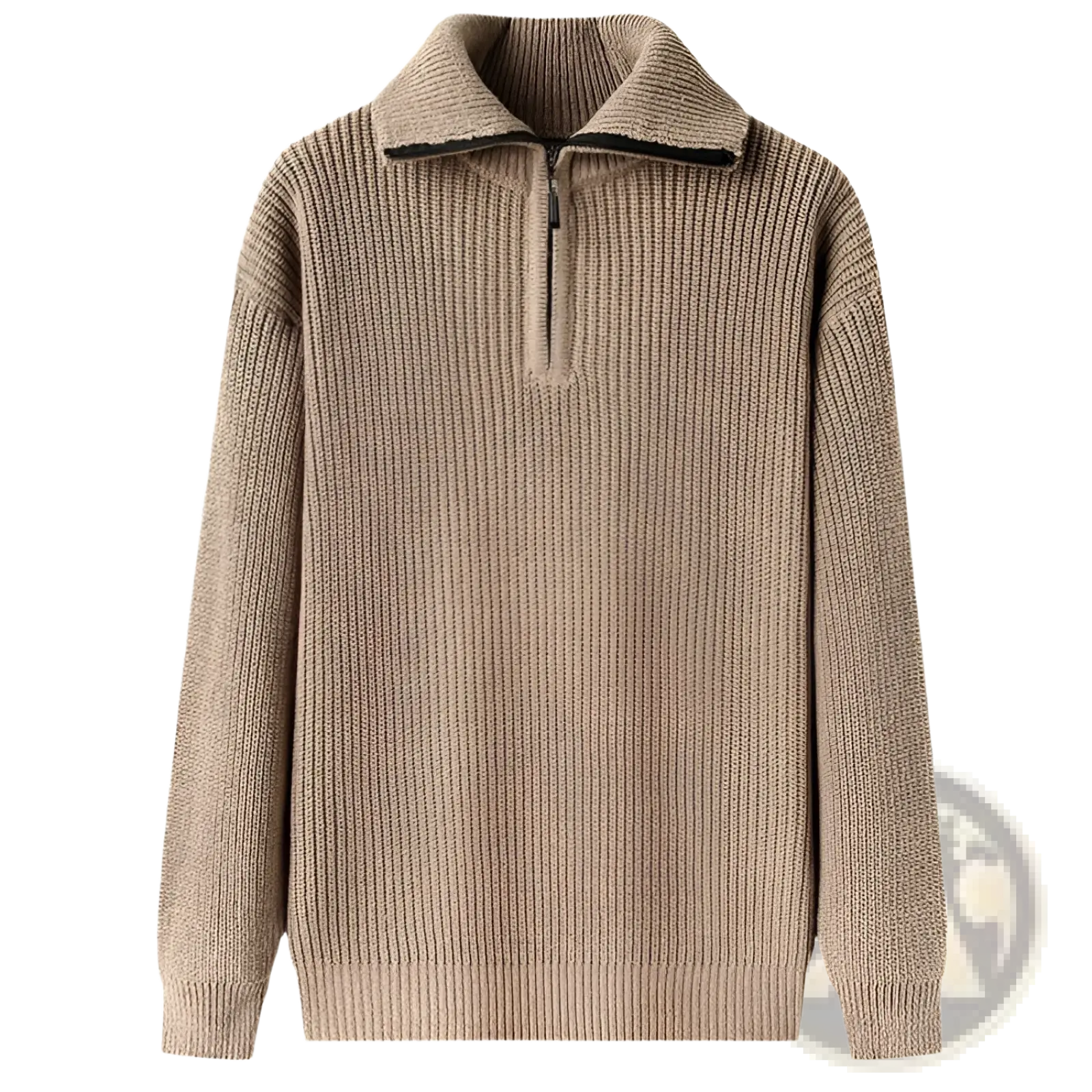 Men half turtleneck ribbed sweater in beige knit with half-zip collar and black zipper trim