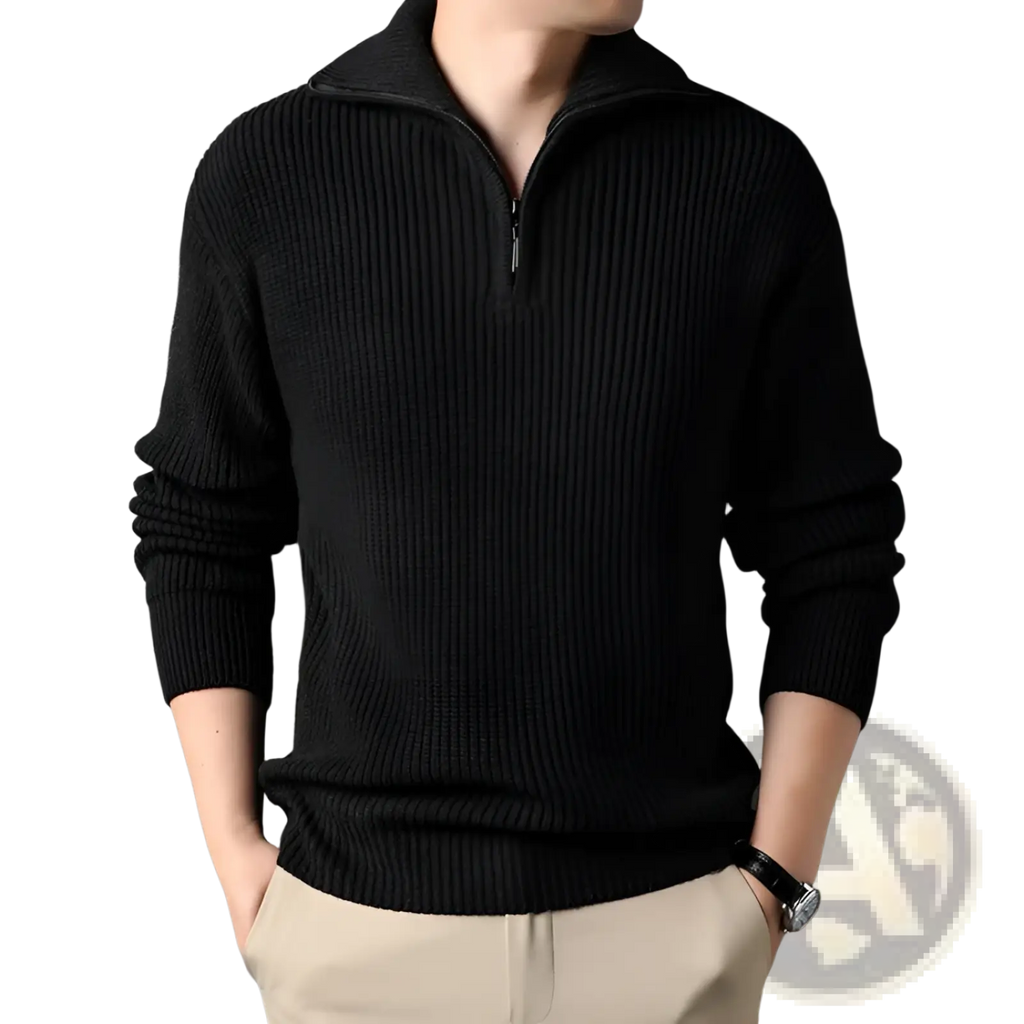 Men half turtleneck ribbed sweater in black knit fabric with a half-zip collar and long sleeves