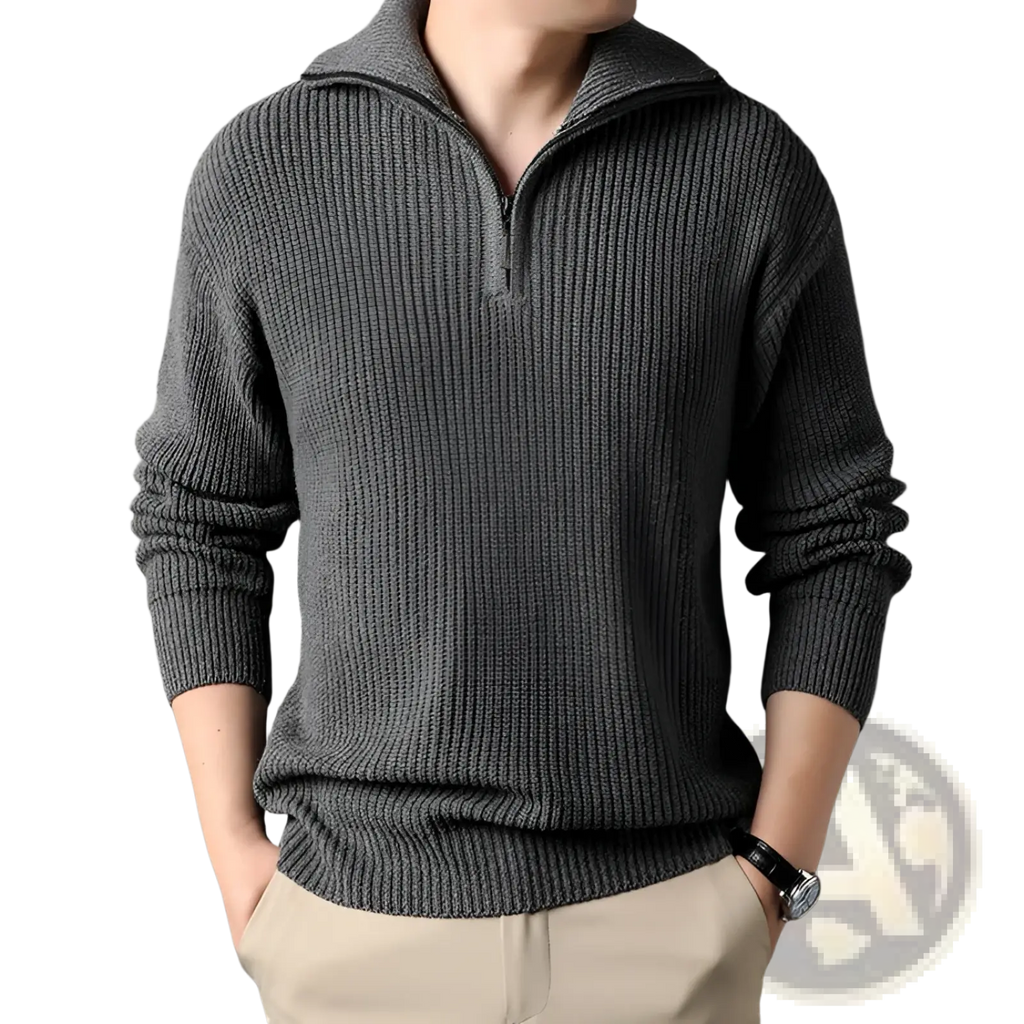 Men half turtleneck ribbed sweater in dark gray knit with half-zip and structured collar long sleeves