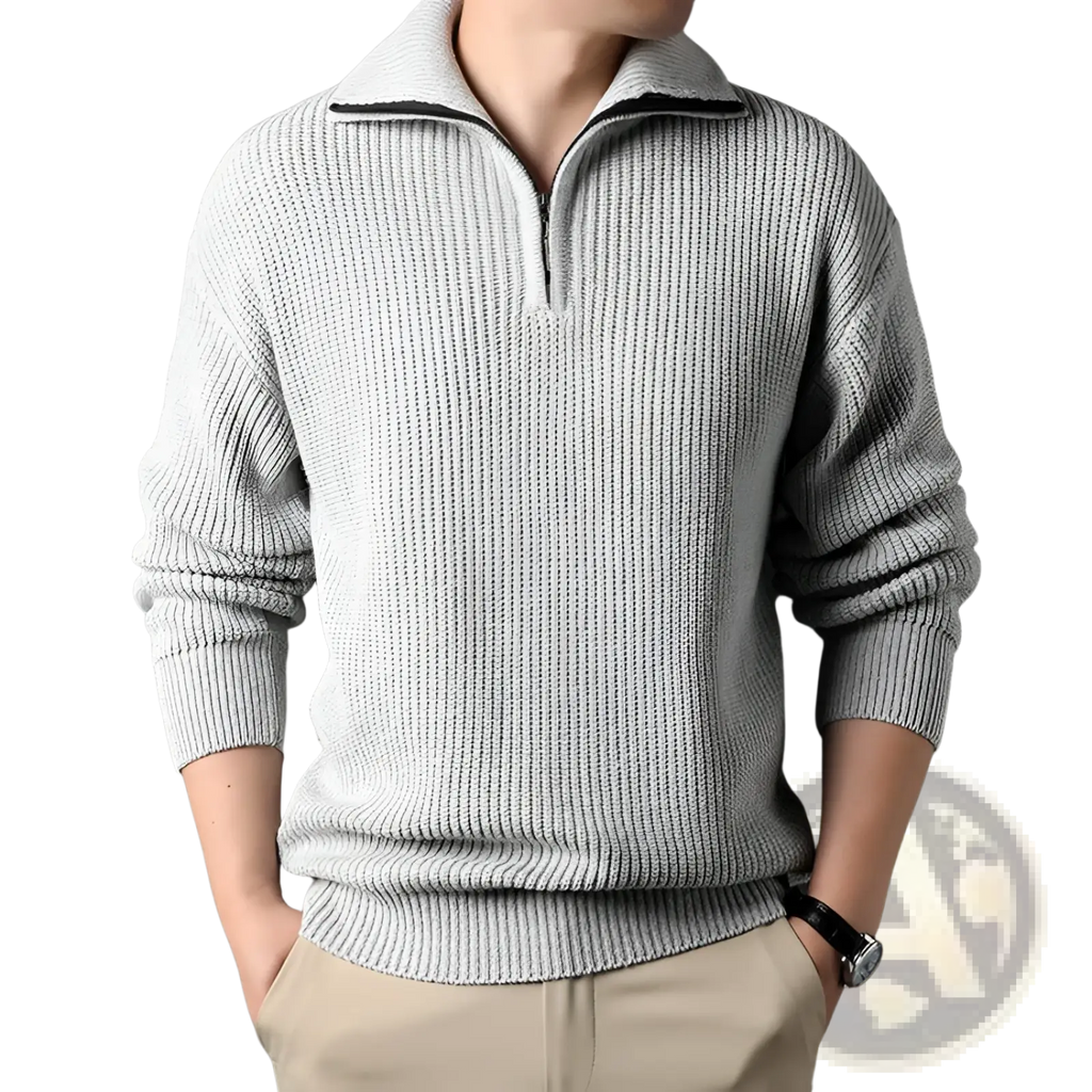 Men half turtleneck ribbed sweater in light gray knit with half-zip collar and black zipper trim
