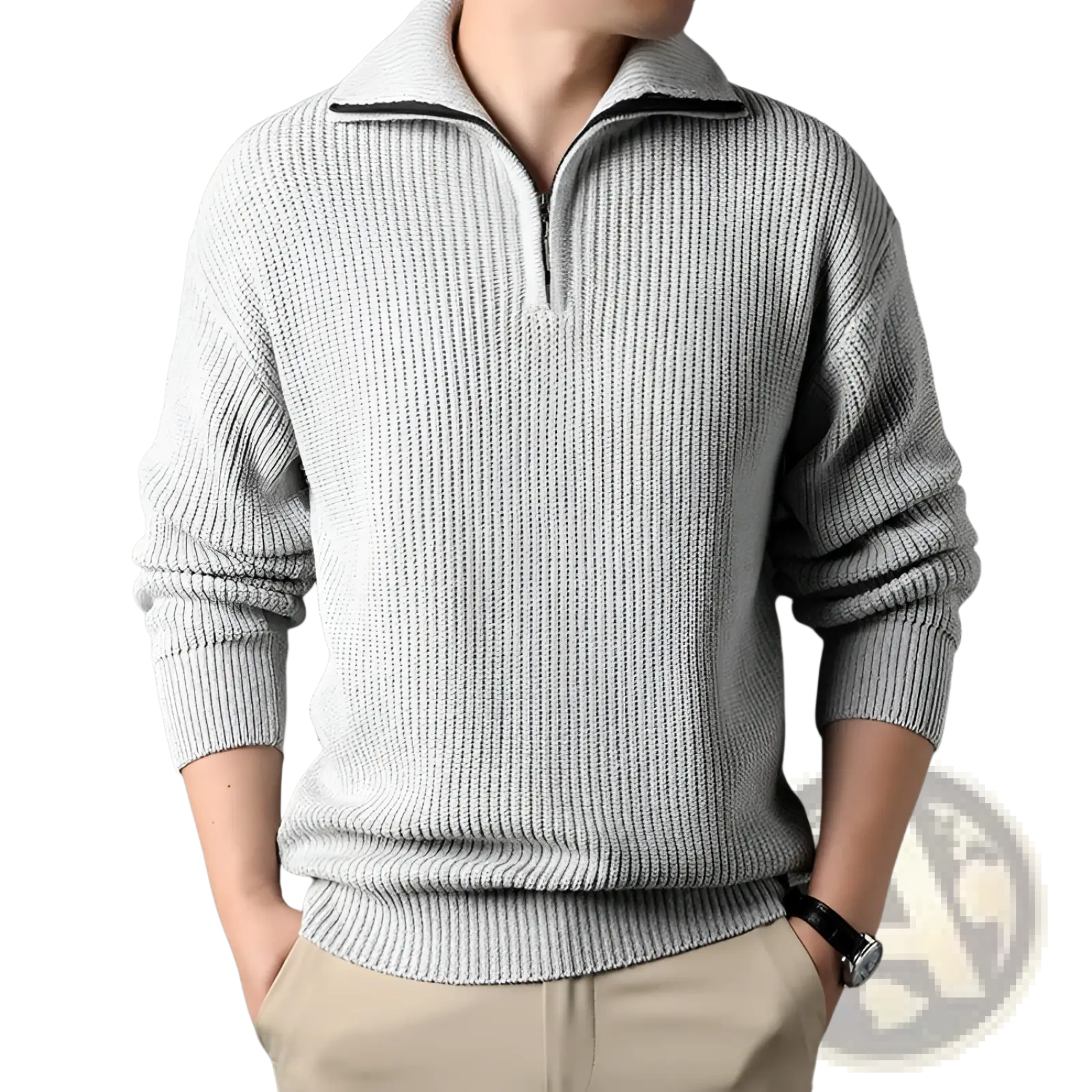 Men half turtleneck ribbed sweater in light gray knit with half-zip collar and black zipper trim