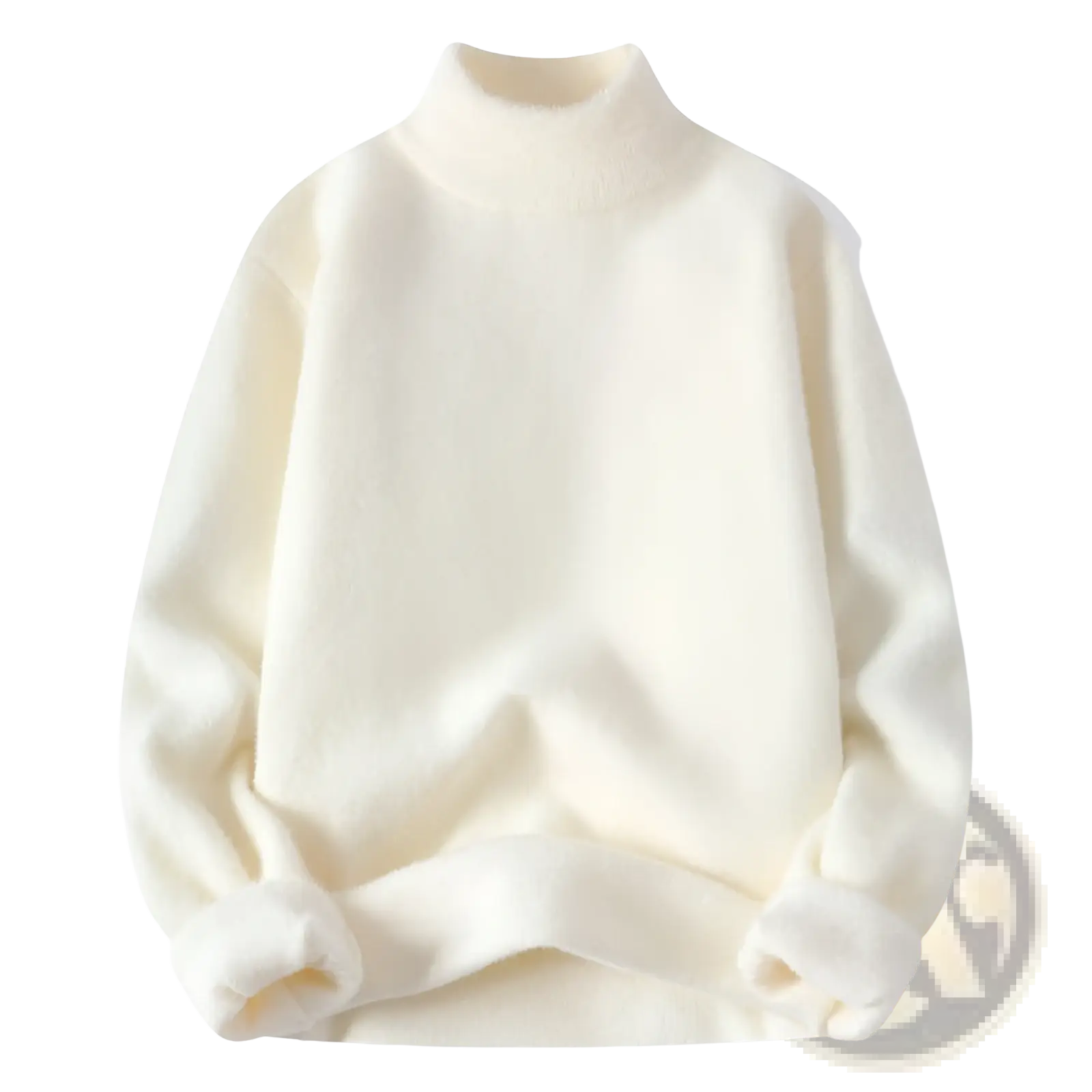 Men half turtleneck sweater warm knit pullover in cream color with soft textured plush fabric for cozy wear