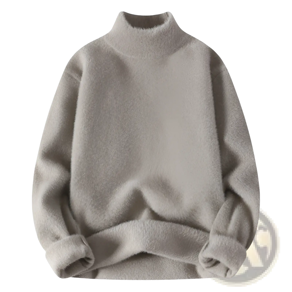 Men half turtleneck sweater in soft light gray knit with plush fuzzy texture and ribbed cuffs for warmth