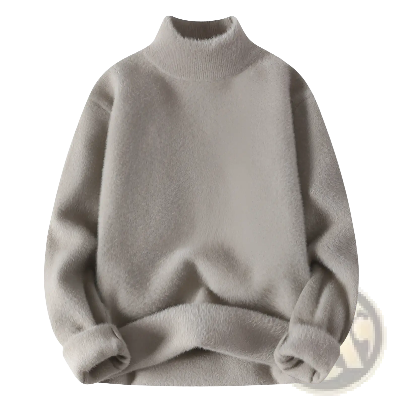 Men half turtleneck sweater in soft light gray knit with plush fuzzy texture and ribbed cuffs for warmth