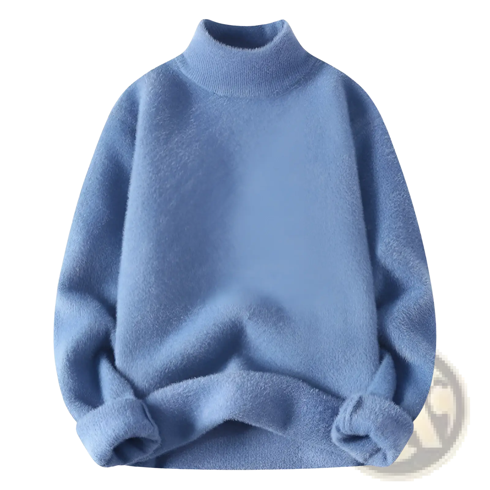 Men half turtleneck sweater in soft light blue cozy textured knit fabric with ribbed cuffs for warmth and comfort