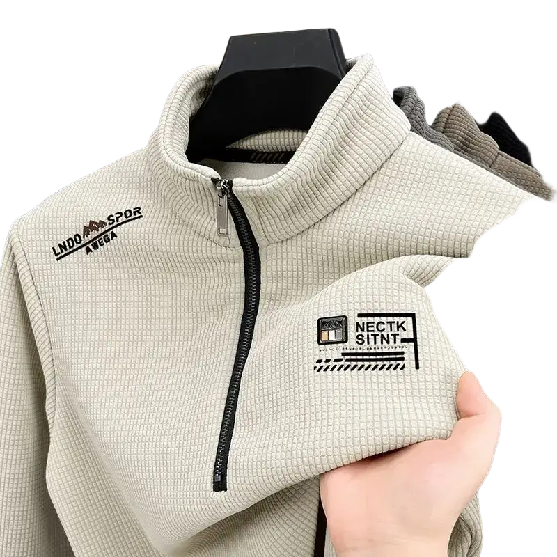 Beige textured men half zip fleece hoodie offers warmth with black zipper and embroidered logos for casual outerwear