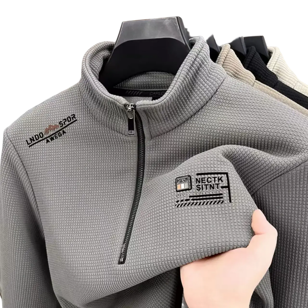 Men half zip fleece hoodie offers gray textured fabric with black zipper and embroidered logos for retro casual outerwear
