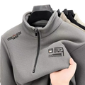Men half zip fleece hoodie offers gray textured material with black zipper and embroidered chest logos for casual outerwear
