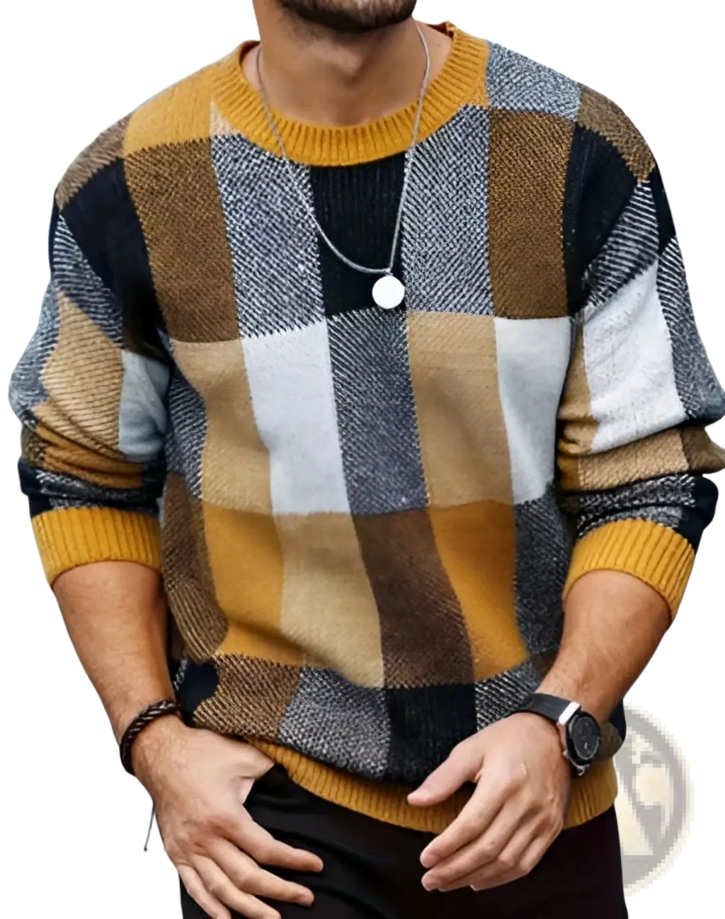 Men halloween christmas holiday pullover sweater in mustard yellow navy blue and gray plaid with ribbed cuffs and hem