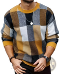 Men halloween christmas holiday pullover sweater in mustard yellow navy blue and gray plaid with ribbed cuffs and hem