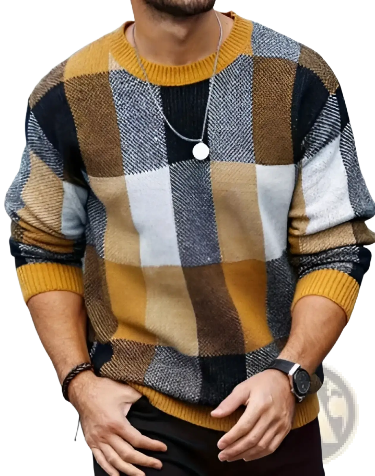 Men halloween christmas holiday pullover sweater in mustard yellow navy blue and gray plaid with ribbed cuffs and hem