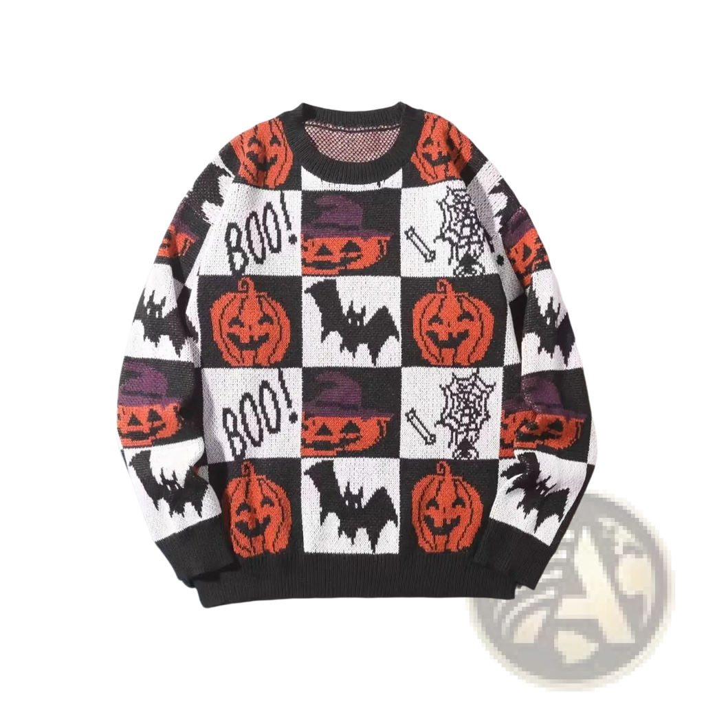 Men halloween christmas holiday pullover sweater with black white and orange checkered knit featuring jack-o-lanterns bats spiderwebs and boo text