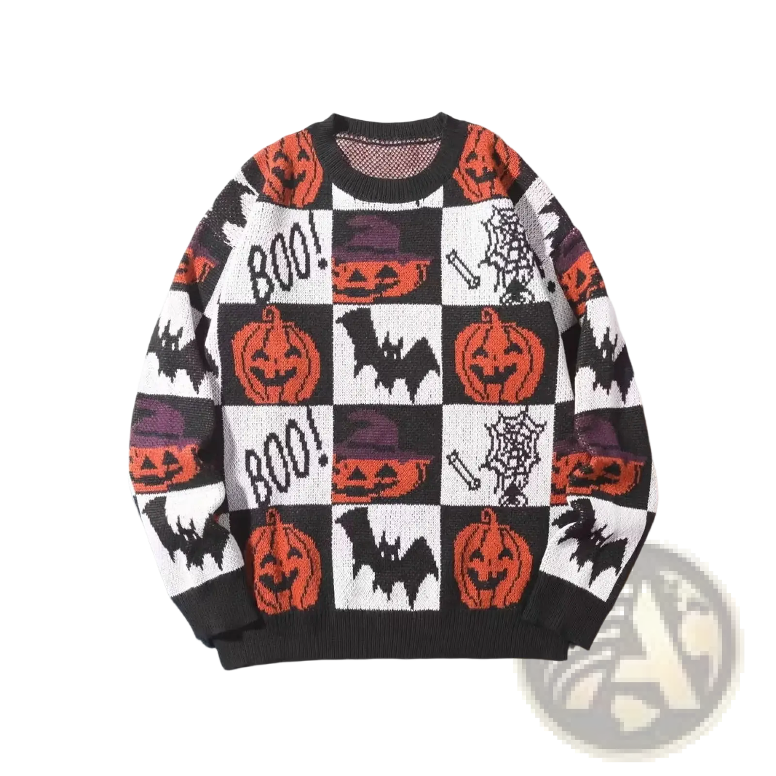 Men halloween christmas holiday pullover sweater with black white and orange checkered knit featuring jack-o-lanterns bats spiderwebs and boo text