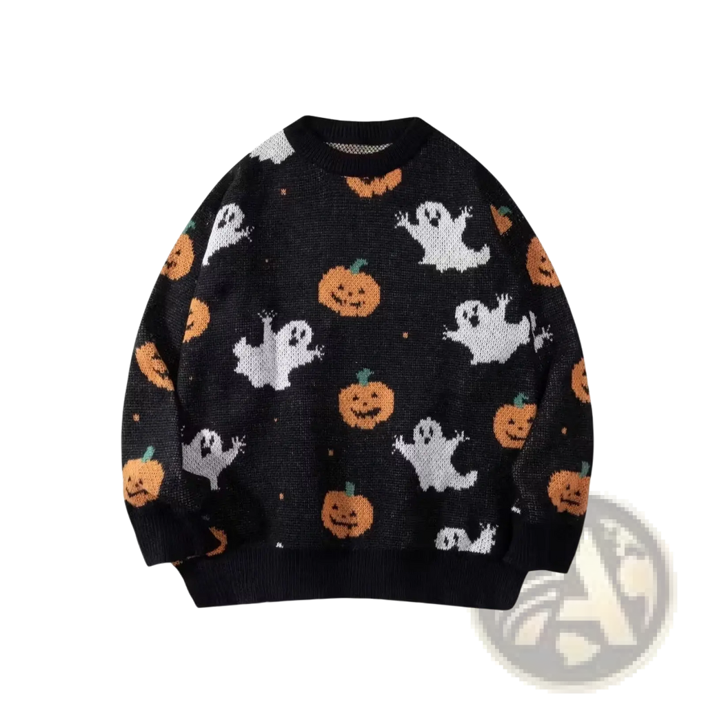 Men halloween christmas holiday pullover sweater in black knit featuring white ghost and orange pumpkin patterns