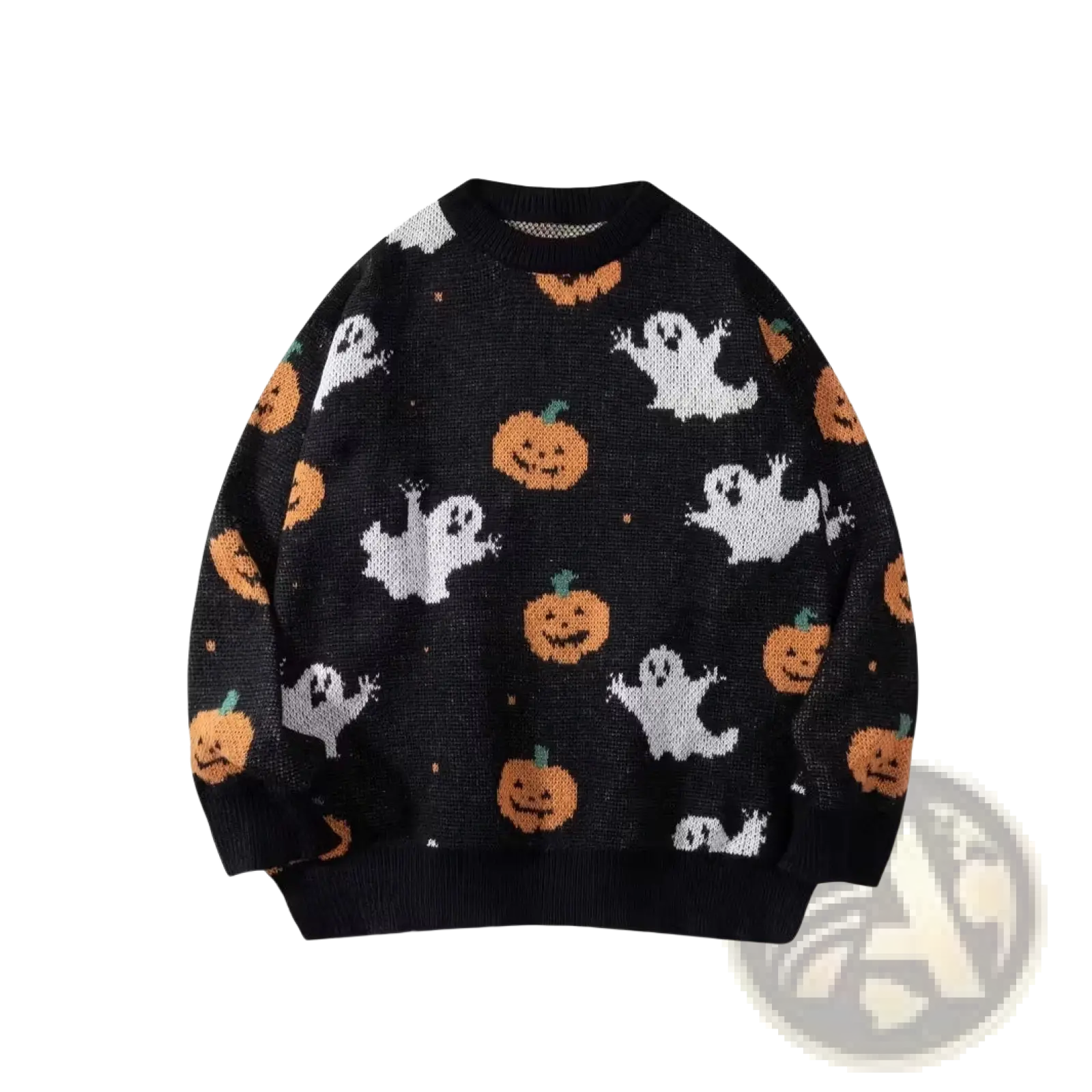 Men halloween christmas holiday pullover sweater in black knit featuring white ghost and orange pumpkin patterns