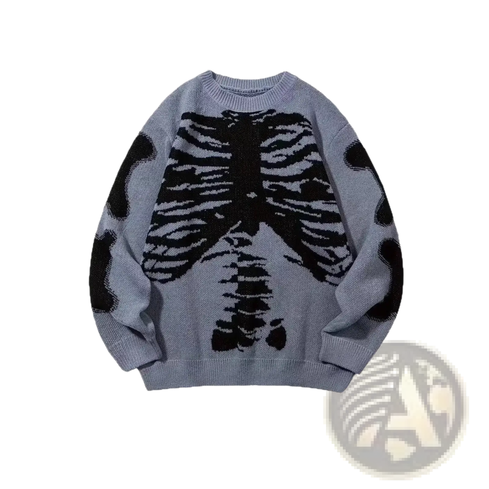 Men halloween christmas holiday pullover gray knit sweater with bold black ribcage design and sleeve patches