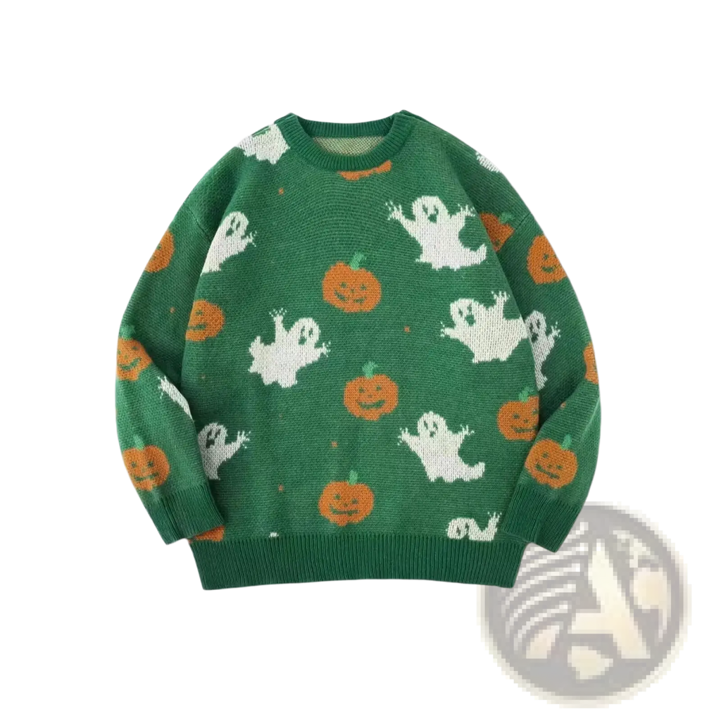 Men halloween christmas holiday pullover sweater in green knit with white ghost and orange pumpkin patterns