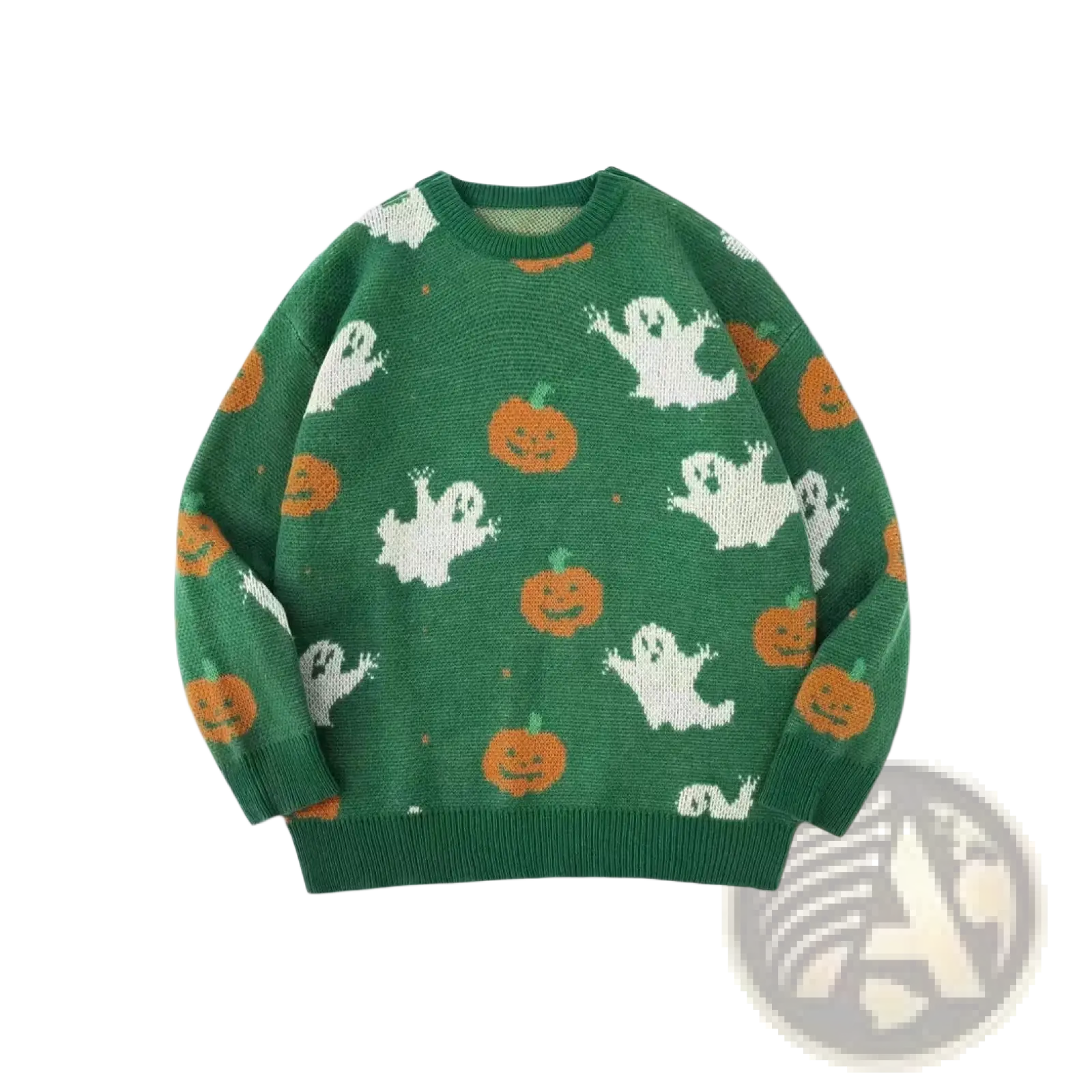 Men halloween christmas holiday pullover sweater in green knit with white ghost and orange pumpkin patterns