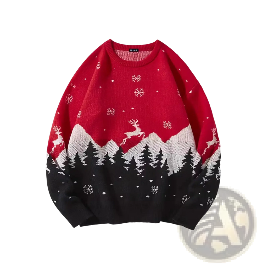 Men Halloween Christmas holiday pullover sweater in red and black knit featuring festive reindeer snowflakes and pine trees